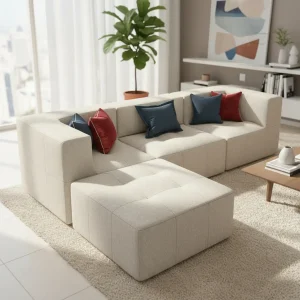 Sofá Modular 3 Lugares em Bouclé Nude com Chaise Reversível
